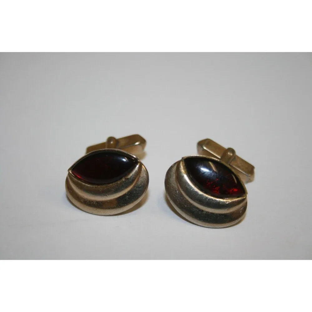 Vintage Art Deco Oval Red Stone & Gold Tone SWANK Mid Century Modern Cuff Links